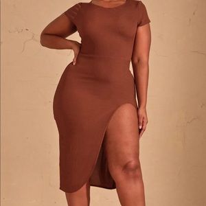 COPY - Chocolate Brown Ribbed Extreme Split dress